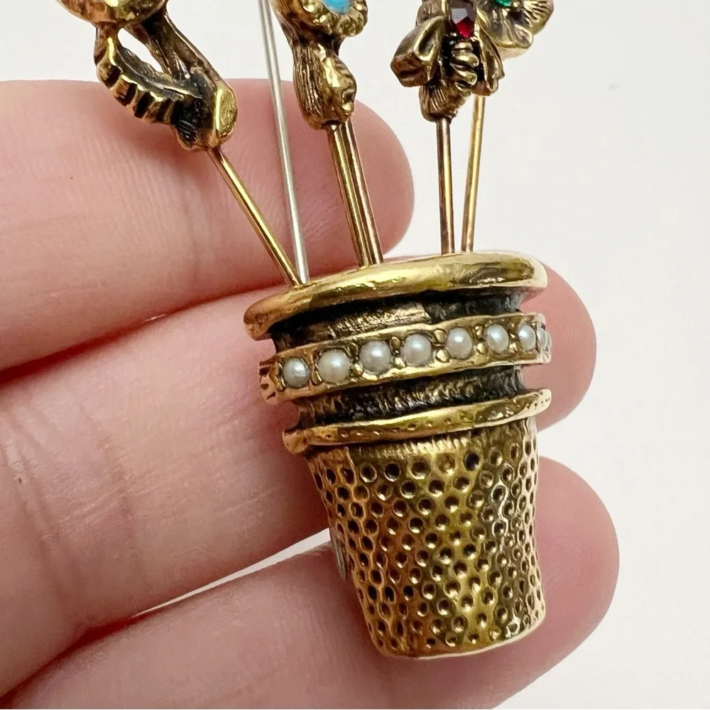 Vintage Thimble Stick Pin Faux Pearl Cameo Bee Snake Flower Goldtone Brooch